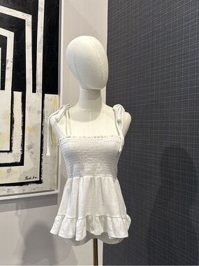 Paper Crane White Smocked Tie-Shoulder Peplum Camisole